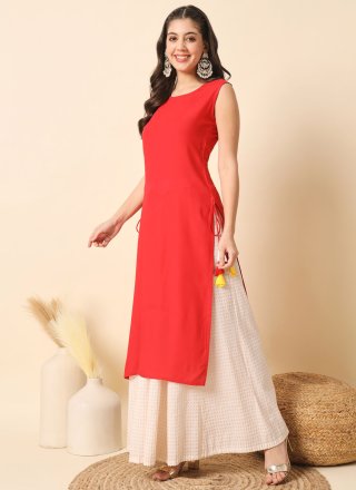 Plain Work Rayon Designer Kurti In Red Color