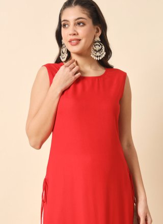 Plain Work Rayon Designer Kurti In Red Color