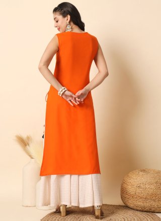 Plain Work Rayon Party Wear Kurti In Orange for Casual