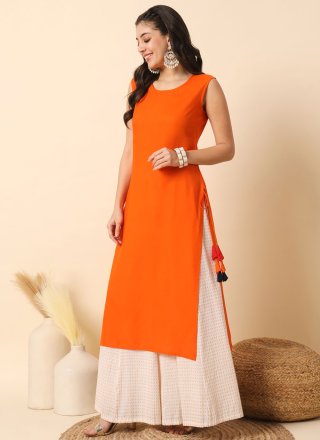 Plain Work Rayon Party Wear Kurti In Orange for Casual