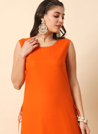 Plain Work Rayon Party Wear Kurti In Orange for Casual
