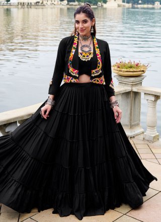 Plain Work Rayon Readymade Lehenga Choli In Black Colour