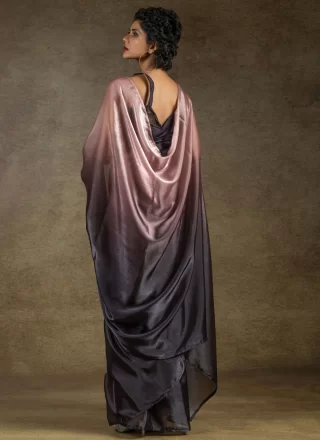 Plain Work Satin Silk Contemporary Sari In Grey and Pink for Casual