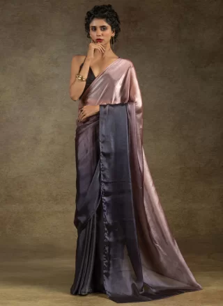 Plain Work Satin Silk Contemporary Sari In Grey and Pink for Casual