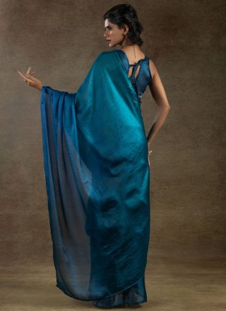 Plain Work Satin Silk Shaded Saree In Blue Color