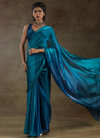Plain Work Satin Silk Shaded Saree In Blue Color