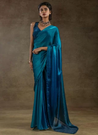 Plain Work Satin Silk Shaded Saree In Blue Color