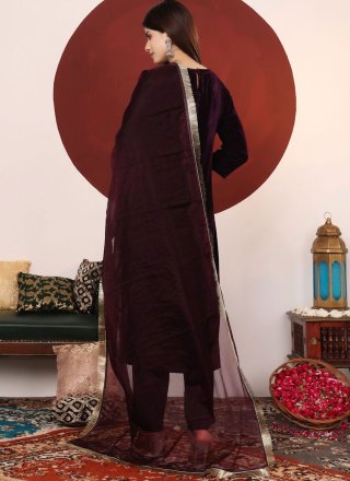 Plain Work Velvet Readymade Salwar Suit In Wine