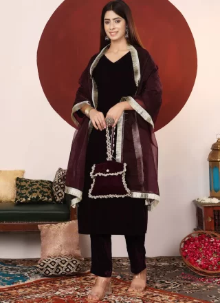 Plain Work Velvet Readymade Salwar Suit In Wine