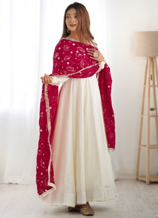 Plain Work Vichitra Silk Floor Length Salwar Suit In Off White