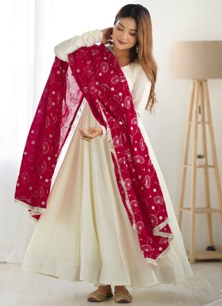 Plain Work Vichitra Silk Floor Length Salwar Suit In Off White