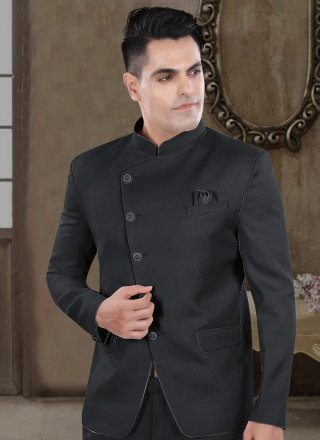 Plain Work Viscose Jodhpuri Suit In Black for Ceremonial
