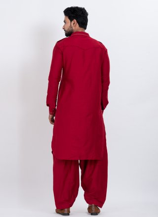 Plain Work Viscose Kurta Pyjama In Red Color