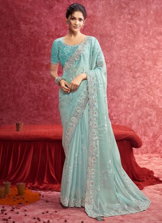 Pleasance Aqua Blue Fancy Fabric Designer Saree