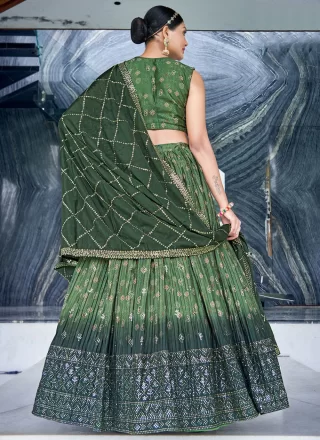 Pleasing Green Chinon Readymade Lehenga Choli with Digital Print and Mukesh Work