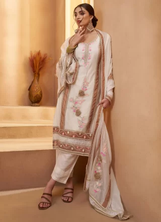 Pleasing White Cotton Pant Style Suit with Embroidered, Fancy, Mirror and Thread Work