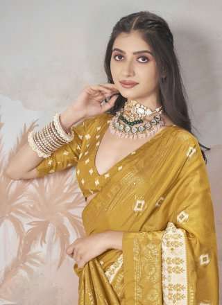 Pleasing Yellow Silk Contemporary Sari with Weaving Work