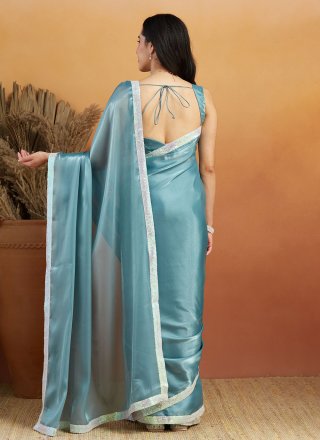 Praiseworthy Aqua Blue Velvet Classic Saree with Embroidered and Lace Work