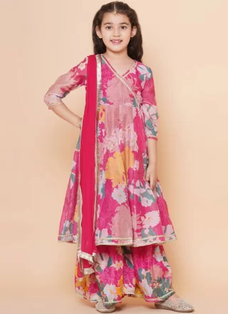 Praiseworthy Pink Chanderi Silk Readymade Salwar Suit with Digital Print and Lace Work