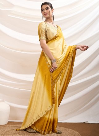 Praiseworthy Yellow Pure Crepe Contemporary Sari with Cut and Swarovski Work