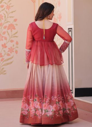 Precious Peach and Pink Fancy Fabric Readymade Lehenga Choli with Floral Patch Work