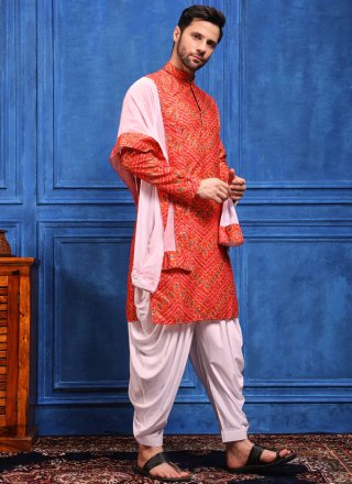 Preferable Red and Pink Viscose Dhoti Kurta with Bandhej, Chikankari, Embroidered, Lucknowi Work, Print and Sequins Work