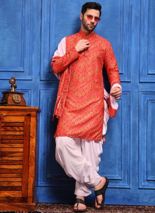 Preferable Red and Pink Viscose Dhoti Kurta with Bandhej, Chikankari, Embroidered, Lucknowi Work, Print and Sequins Work