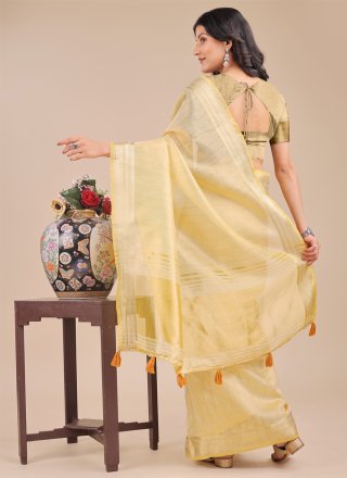Prepossessing Yellow Organza Trendy Saree with Woven Work