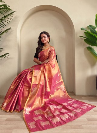Pretty Pink Tissue Classic Saree with Zari Work