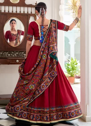 Pretty Red Silk Readymade Lehenga Choli with Gamthi, Lace and Print Work