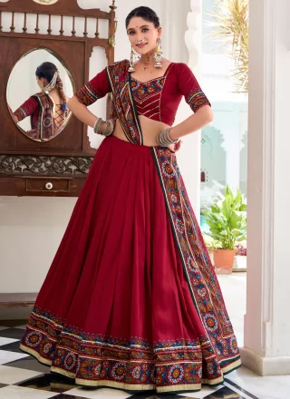 Pretty Red Silk Readymade Lehenga Choli with Gamthi, Lace and Print Work