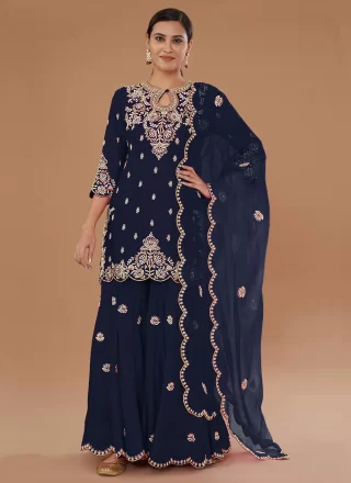 Prime Blue Vichitra Silk Palazzo Salwar Suit with Embroidered and Zari Work