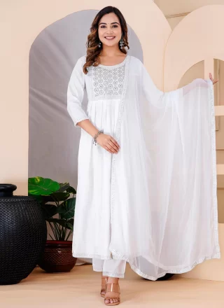 Princely White Rayon Salwar Suit with Embroidered and Print Work