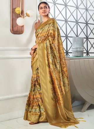 Print and Weaving Work Handloom Silk Traditional Saree In Yellow Colour