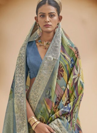 Print and Weaving Work Silk Classic Saree In Multi Colour for Ceremonial