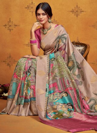 Print and Weaving Work Silk Classic Sari In Pink Colour