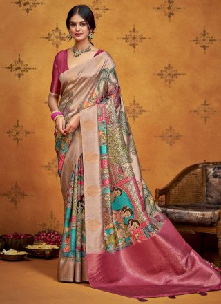 Print and Weaving Work Silk Classic Sari In Pink Colour