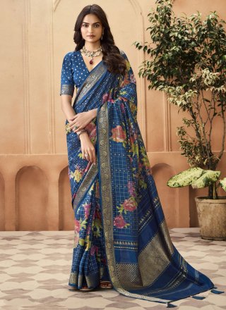 Print and Weaving Work Silk Contemporary Sari In Blue Color