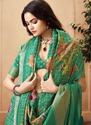 Print and Weaving Work Silk Contemporary Sari In Green Color