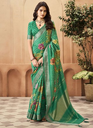 Print and Weaving Work Silk Contemporary Sari In Green Color