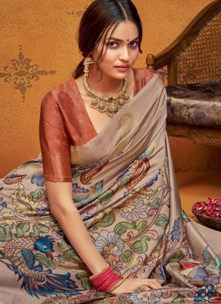Print and Weaving Work Silk Designer Saree In Rust for Ceremonial