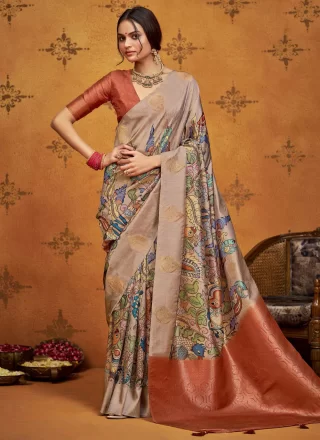 Print and Weaving Work Silk Designer Saree In Rust for Ceremonial