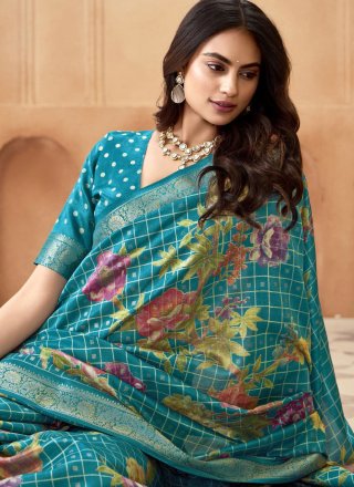 Print and Weaving Work Silk Traditional Saree In Firozi Color