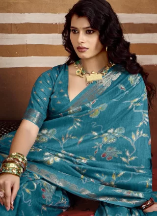 Print and Weaving Work Silk Trendy Saree In Firozi Colour