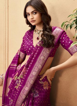 Print and Weaving Work Silk Trendy Saree In Purple Color