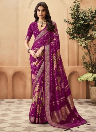 Print and Weaving Work Silk Trendy Saree In Purple Color