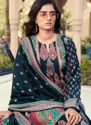 Print and Zari Work Modal Pant Style Suit In Green and Teal for Festival