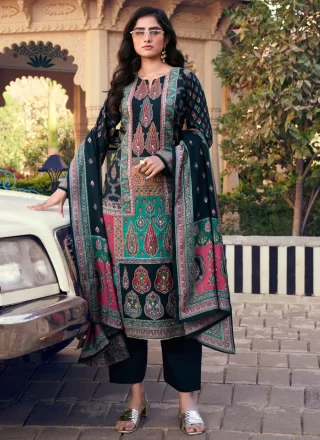 Print and Zari Work Modal Pant Style Suit In Green and Teal for Festival
