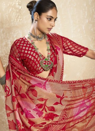 Print and Zari Work Silk Contemporary Saree In Red for Ceremonial