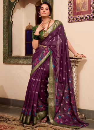 Print, Weaving and Zari Work Poly Cotton Traditional Saree In Purple Color